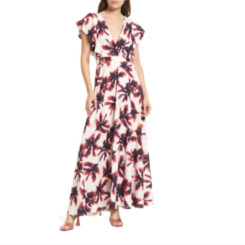 AREA STARS  PALM WHITE MAXI DRESS WITH RUFFLE SLEEVES DETAILS